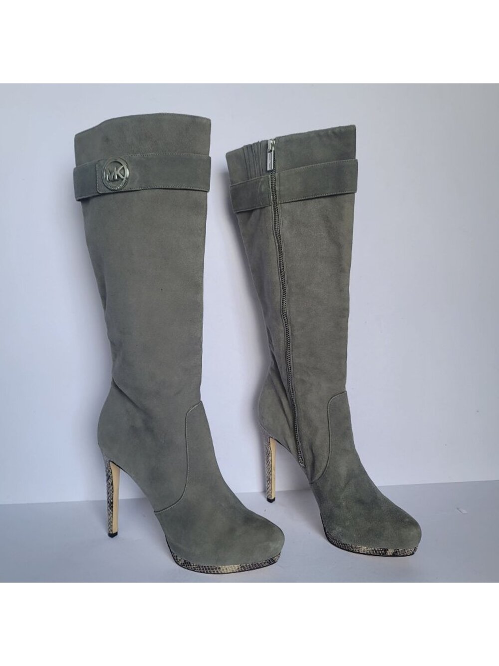 Michael Kors 8.5M Gray Suede Snakeskin Trimmed Knee-High Platform Heeled Boots
